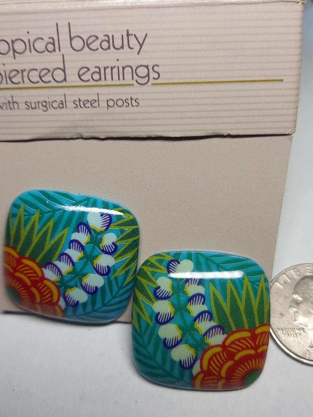 Vintage Avon Tropical Beauty Teal Floral Earrings with Orange and Green Accents